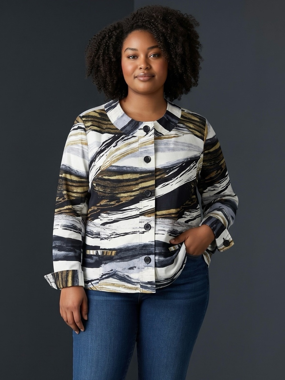 Chico's Abstract Brushstroke Button Front Cotton Jacket Size 3 US XL